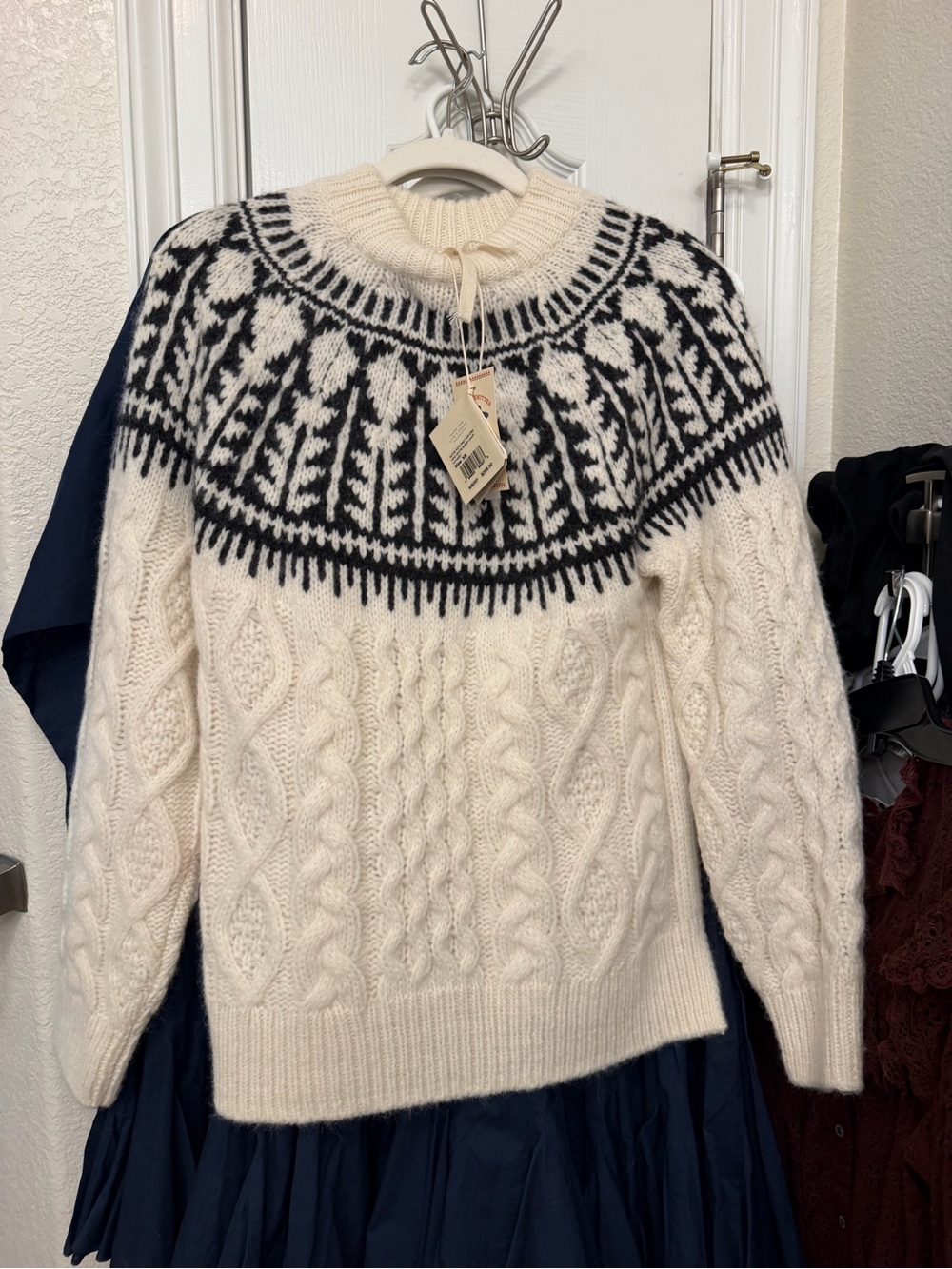 Faherty Cream Sweater with Black Fair Isle Yoke